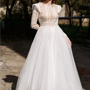 Boho modern wedding dress white macrame